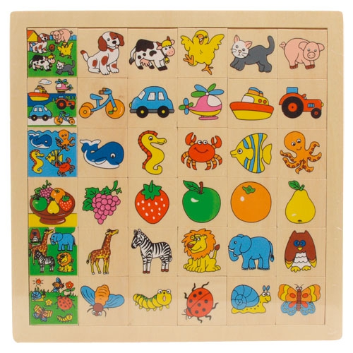 Dřevěné puzzle - Poznej, co kam patří - ovoce a zvířátka - 36 dílků